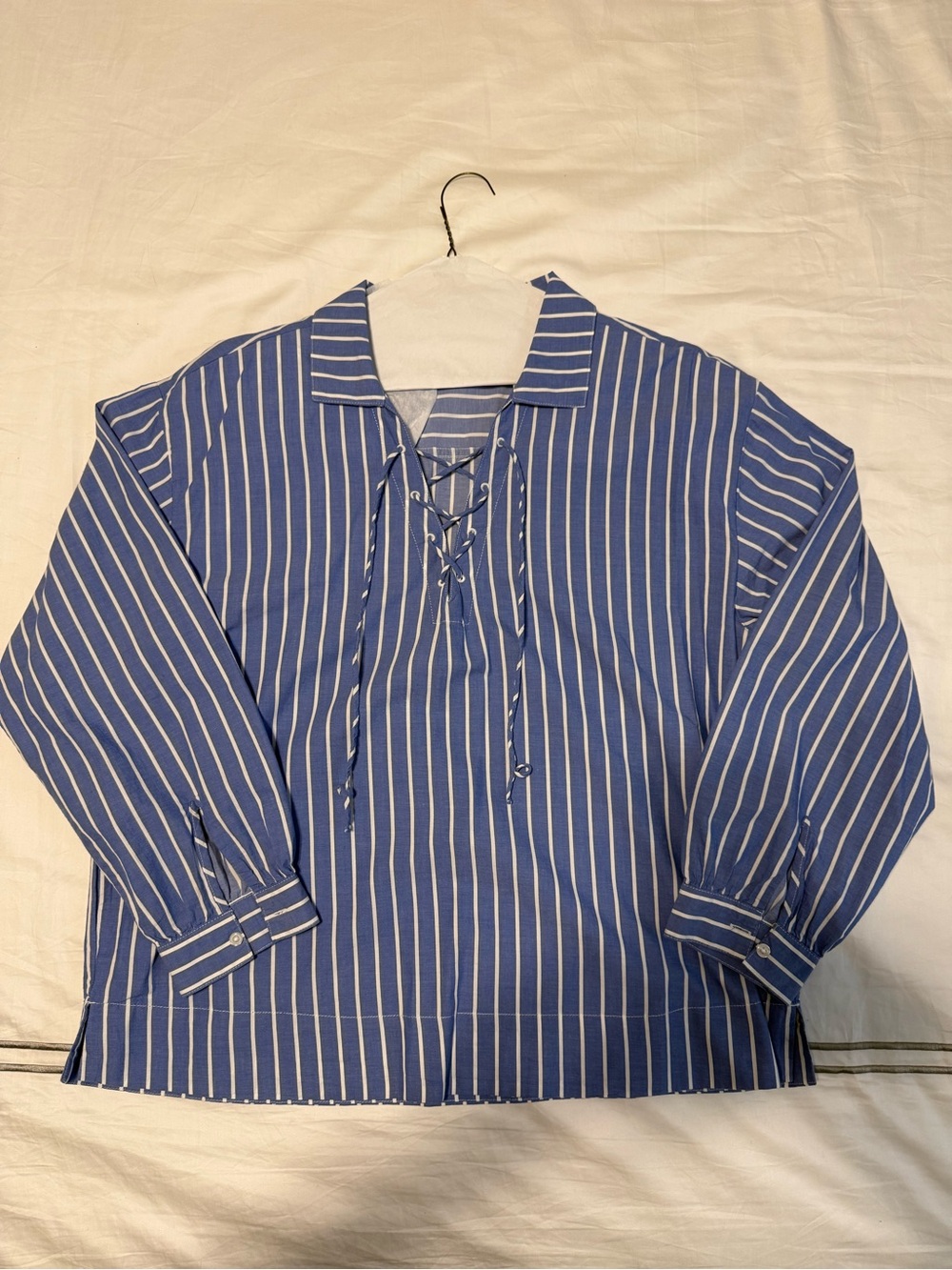 Old Navy Blue and White Striped Shirt with Lace-Up Neck, Size L
